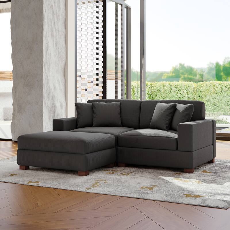 Modular Corduroy Sectional Sofa Set Chaise Couch with Ottoman - Grey-3 Piece