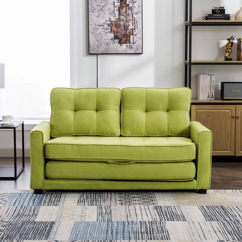 Modern Green Pull-Out Sofa Bed, Upholstered Pull-Out Loveseat