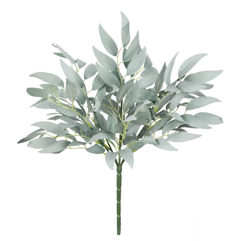 Set of 3 Frosted Green Artificial Willow Leaf Stem Plant Greenery Bush 14in - 14" L x 9" W x 9" DP