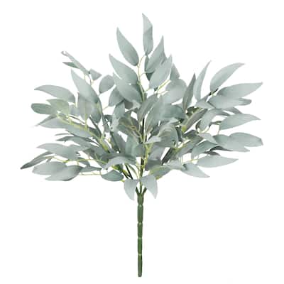 Set of 3 Frosted Green Artificial Willow Leaf Stem Plant Greenery Bush 14in - 14" L x 9" W x 9" DP