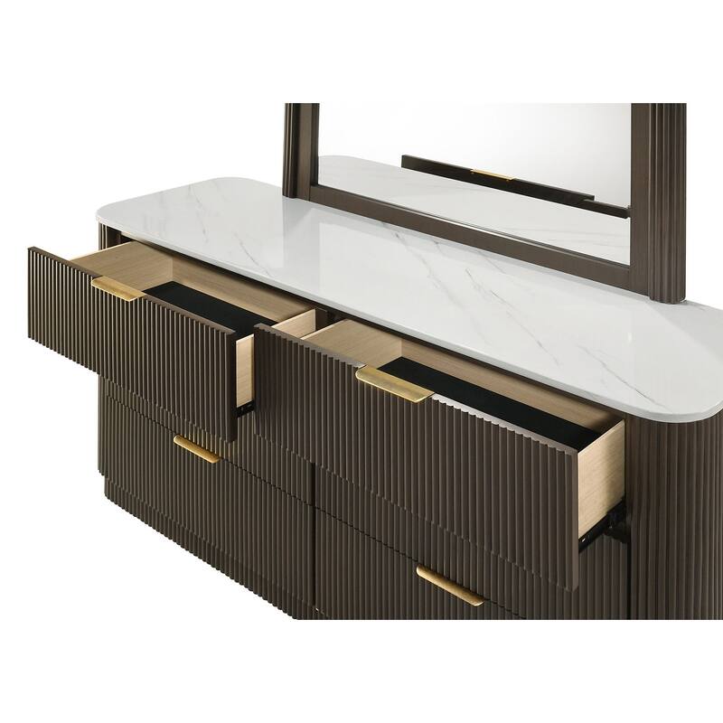 4 Pc Contemporary Bedroom Set Dark Walnut Finish Bed Nightstand Dresser and Mirror