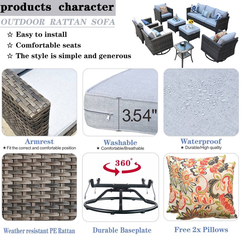 OVIOS 8-piece Patio Wicker Conversation Furniture Set with Swivel Chairs