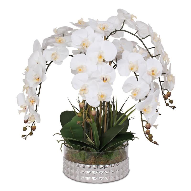 Real Touch White Orchid Flower Arrangement in Round Silver Glass Bowl - 24W x 24D x 20H
