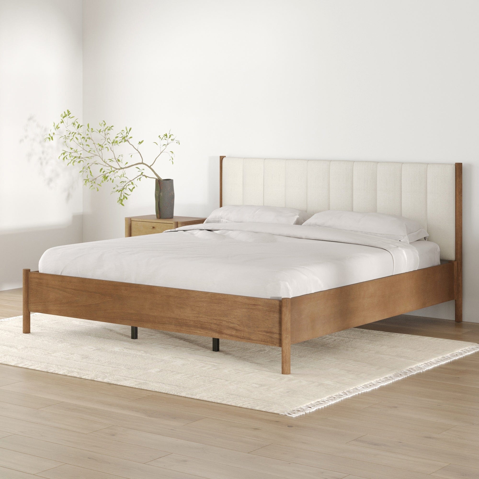 Miles Mid Century Modern Bed Frame, Platform Wood Bed Frame with Boucle Headboard
