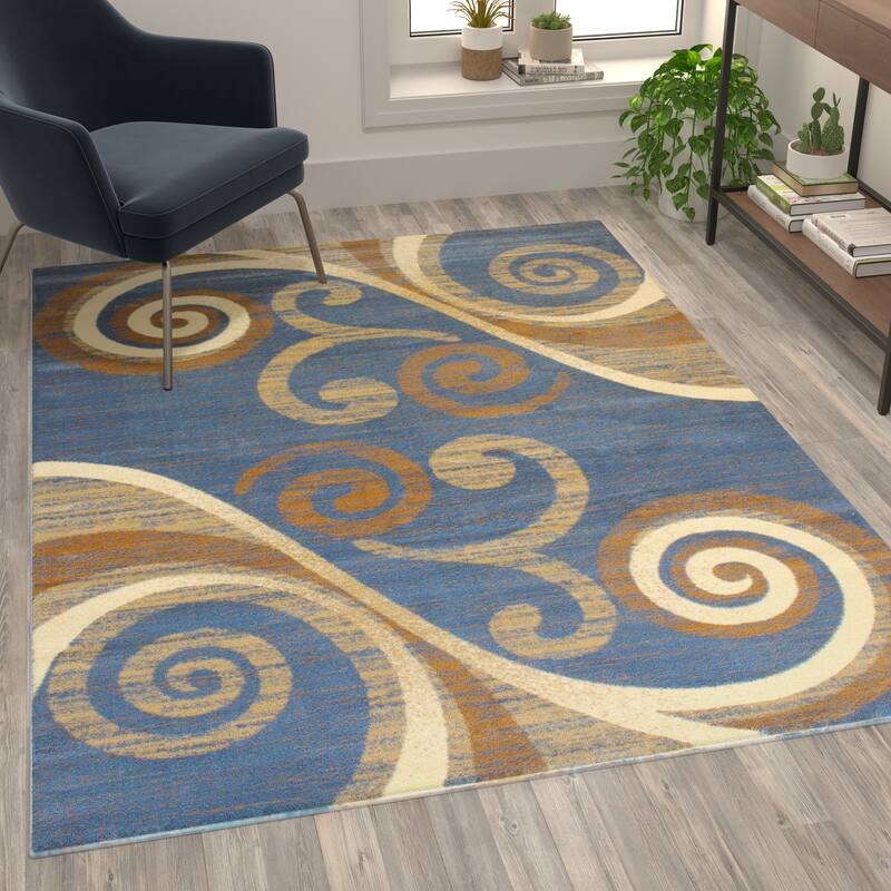Modern Distressed Swirl Abstract Style Indoor Area Rug - 5' x 7' - Blue