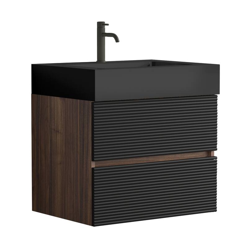 24" Bathroom Vanity with Matt Black Engineered Quartz Sink and Soft Black Drawers, Floating Bathroom Vanity