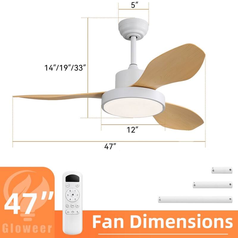 47 in. Modern Ceiling Fans in Black/White with 22W 3-Color LED Light, Remote Control & Reversible DC Motor