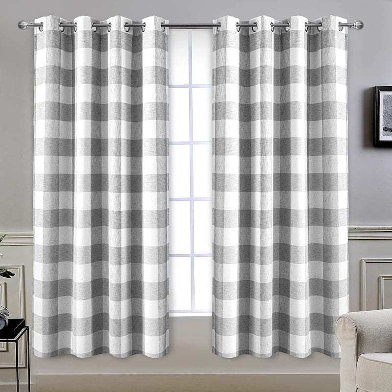 DriftAway Buffalo Check Woven Plaid Pattern Lined Blackout Thermal Insulated Window Curtain - 52" Width X 63" Length - Grey