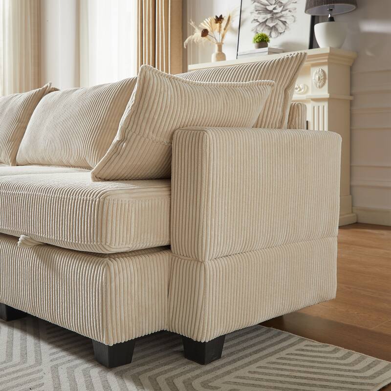 113.5" Corduroy U-Shaped Sectional Sofa with Storage Ottoman, 6-Seat Modular Design and Convertible Chaise