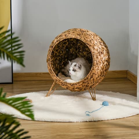 PawHut 20.5" Natural Rattan Cat House, Elevated for Comfort and Circulation, Cushion Included as Animal Bed