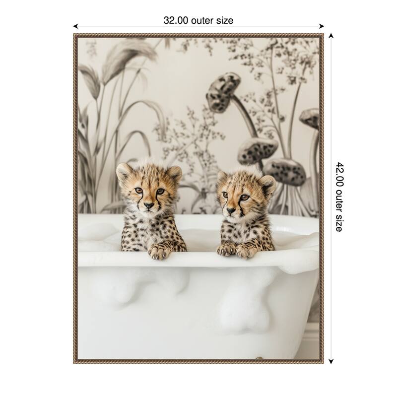 Cheetah Cub Bath by Niky Rahner Framed Canvas Wall Art - 32 x 42 in