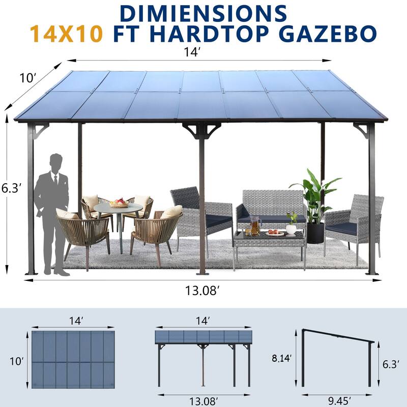 10' x 14' Wall-Mounted Metal Pergola Gazebo with Polycarbonate Roof for Patio, Deck, Backyard