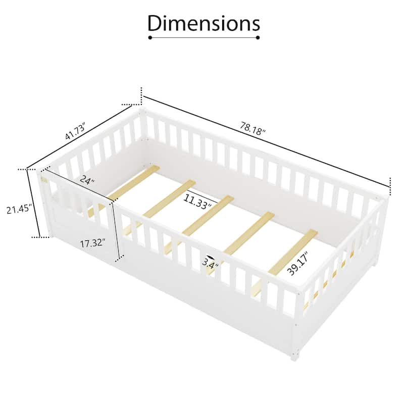 Montessori Wooden Twin Floor Bed Frame with High Safety Barrier, Kids' Bed with Fence Design and Entry Door