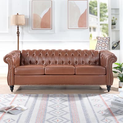 84.65" PU Chesterfield Sofa with Pocket Springs, Birch Legs, Comfortable 3-Seater