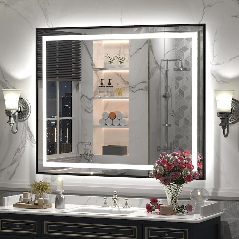 Black Metal Framed LED Front Light and Backlit Anti-Fog Wall Bathroom/ Vanity Mirror - 44" x 36"-Square Corner - Black