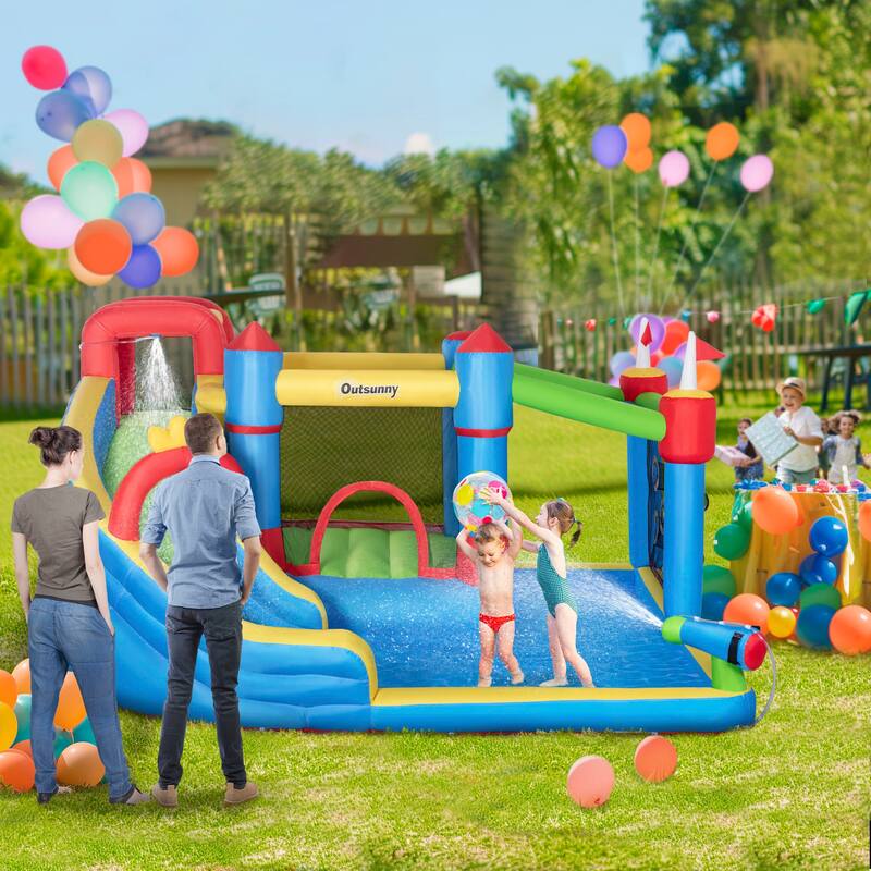 Outsunny 6-in-1 Inflatable Bounce House with Slide, Climbing Wall, Inflatable Water Slide for Kids with 2 Min