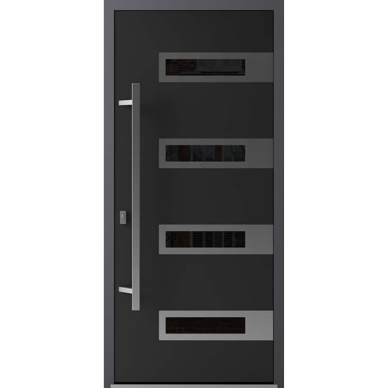 Front Exterior Prehung Steel Door Ronex 0131 Black Enamel Stainless Inserts Entry Metal Painted W36xH80 Left hand Inswing - Black - 36 x 80