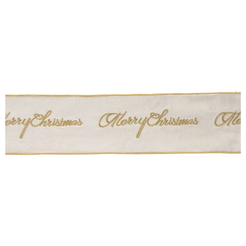 HomeRoots 4" White And Gold Embroidered Merry Christmas Wired Ribbon