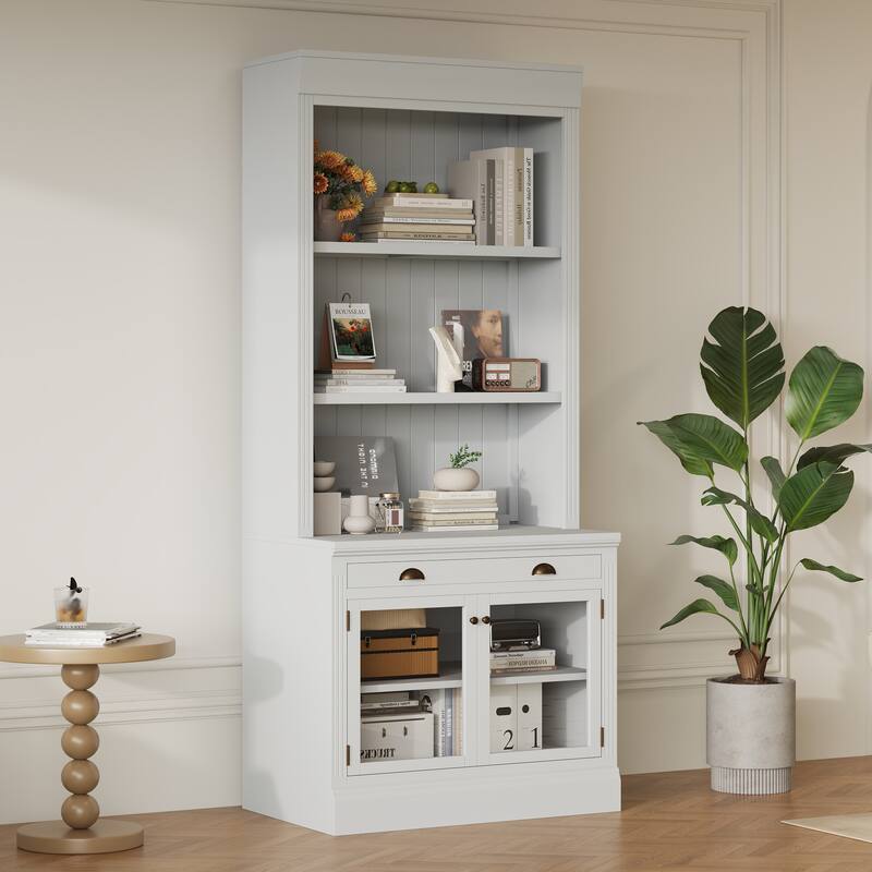 5-Tier Bookshelf with Storage Cabinet, 83" Tall Modern Bookcase with Glass Doors, Open Shelves, Floor Wooden Display Book Shelf - White