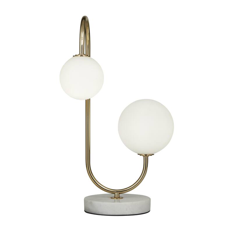 Metal Curved Orb 2 Light Room Table Lamp with White Glass Shades and Marble Base - Gold - Roche River Decor - Gold