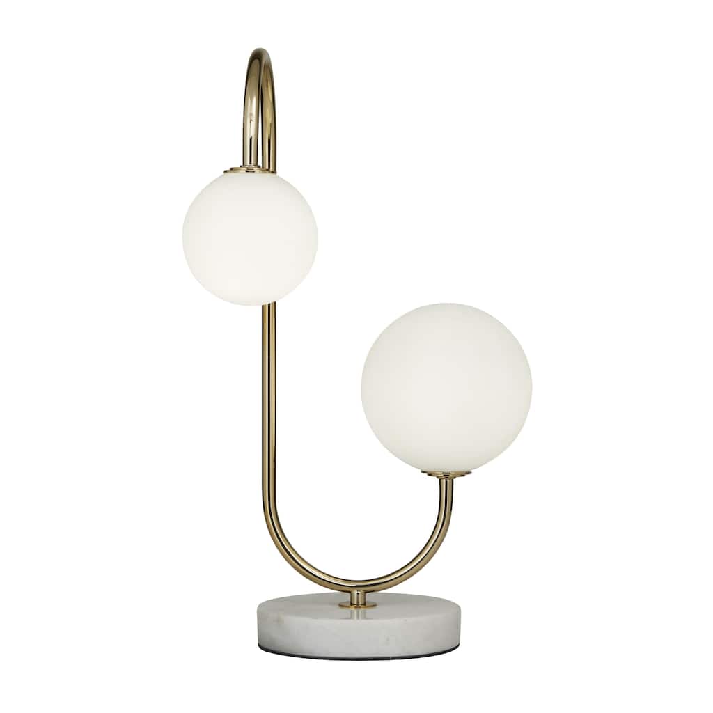 Metal Curved Orb 2 Light Room Table Lamp with White Glass Shades and Marble Base - Gold - Roche River Decor