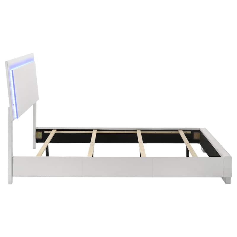 Queen Size Wood Panel Bed with LED Lighting and Slatted Design