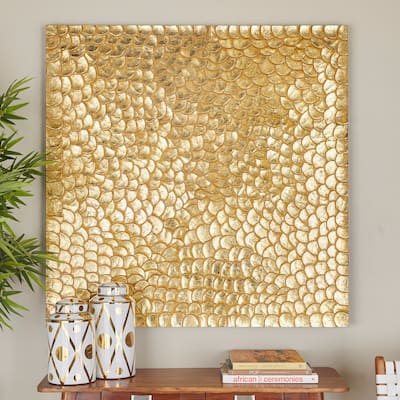 Wood Carved Scales and Radial Plate Abstract Wall Decor with Hammered Inspired Design - Gold or Silver