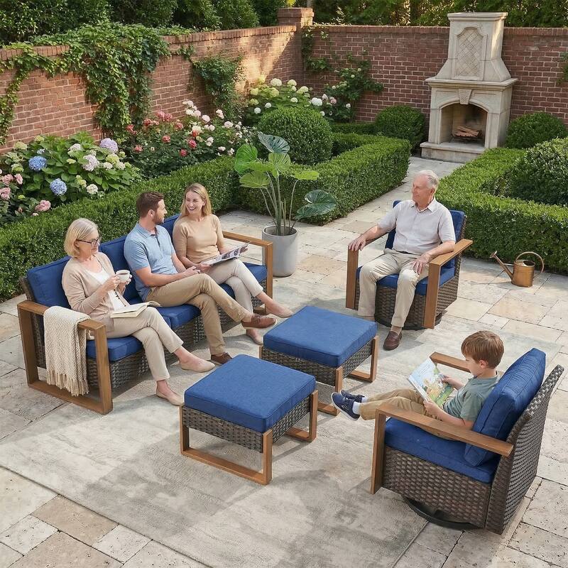 Gymojoy 7 Pieces Patio Sofa with Rattan Swivel Rocking Chair Ottomans Outdoor Conversation Set