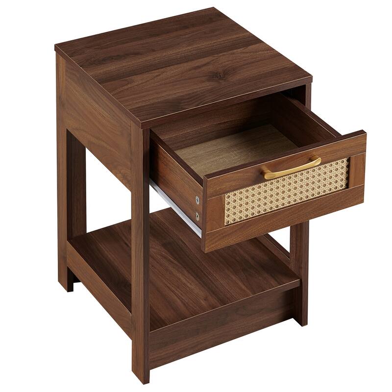 Modern Rattan Nightstand Small Side Table with Drawer for Bedroom or Living Room
