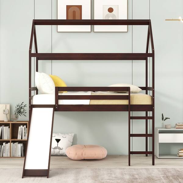 slide 2 of 11, Imagination Twin Loft Bed Wood House Kids Bed,Framehouse with Slide Espresso