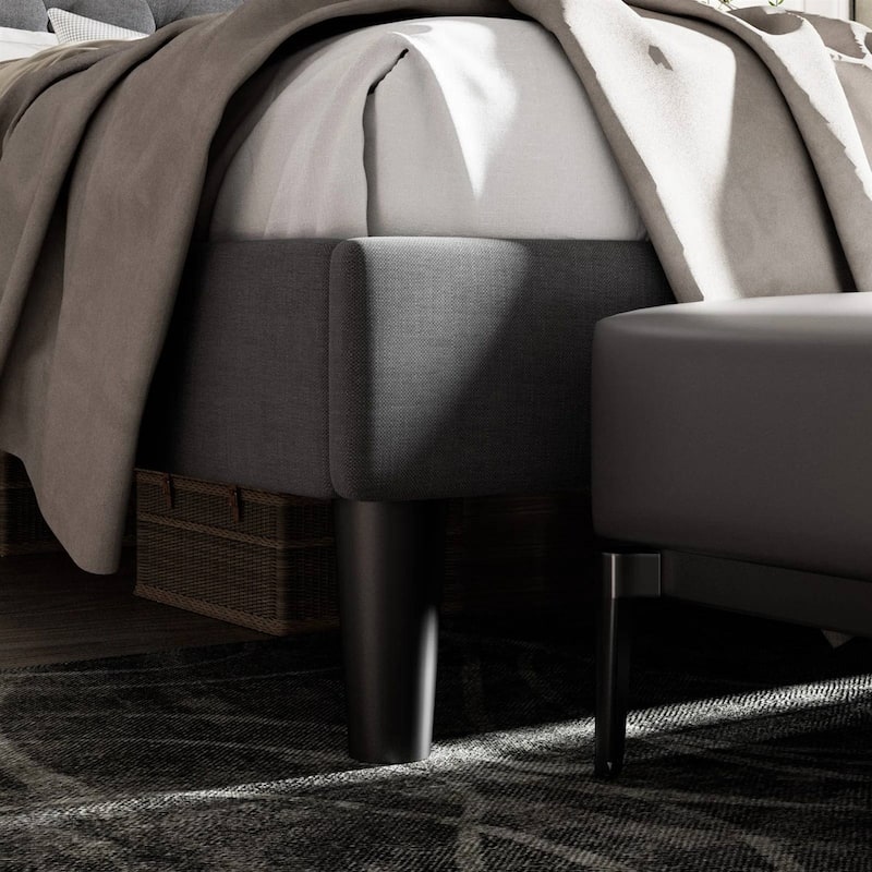 Modern Linen Upholstered Platform Bed with Tufted Button Headboard and Wood Slat Support