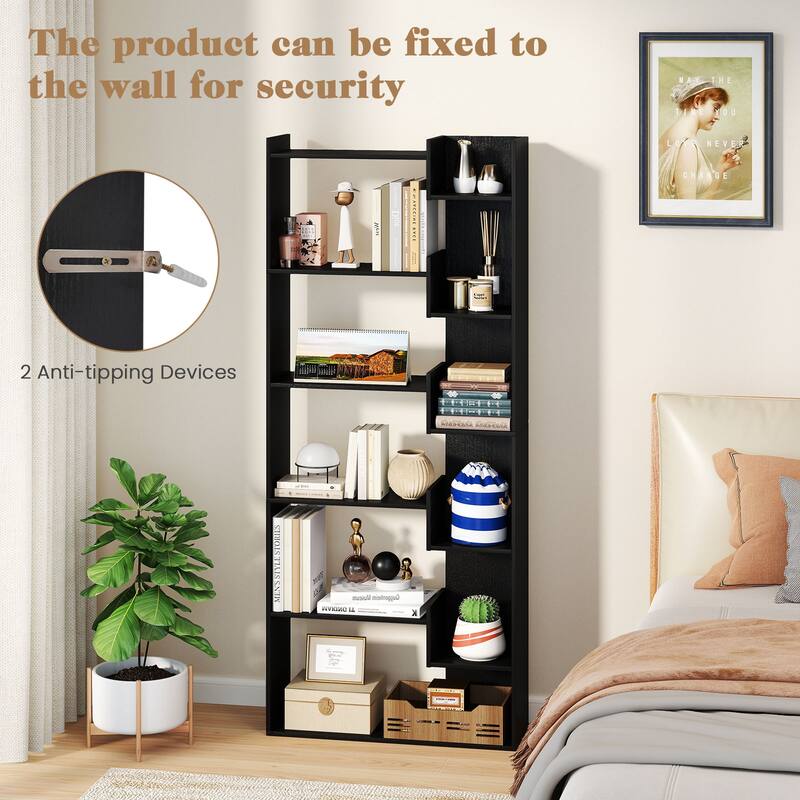 Engineered Wood 11-Shelf Bookcase with Anti-Tip Kits and Floor Pads - 27" L x 9" W x 64" H