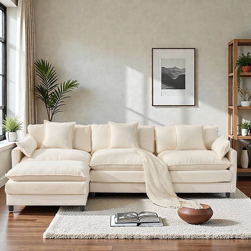 108 Inch L Shaped Modular Sectional Sofa, Chenille Cloud Couch with Ottoman, Deep Seat Modern Sofa - Beige