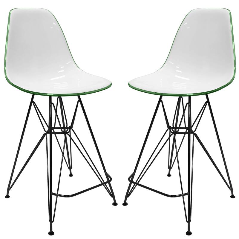 Cresco Acrylic Barstool in Brushed Black Steel Base with Ergonomic Seat, Footrest, & Floor Pads for Kitchen or Home Bar Set of 2 - White/Green