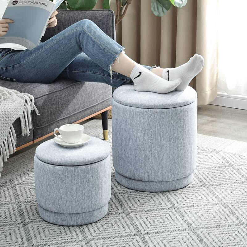Adeco 2-Piece Round Fabric Storage Ottoman Set with Removable Lids