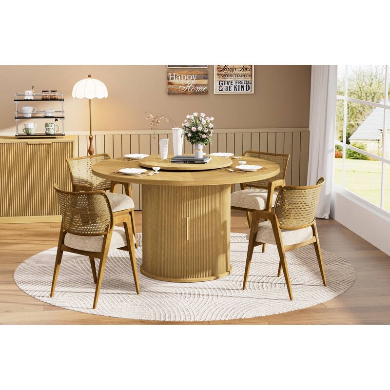 Anmytek Natural Wood 55-Inch Round Dining Table - Seats 6 with Double-Tier Storage and Rotating Tray