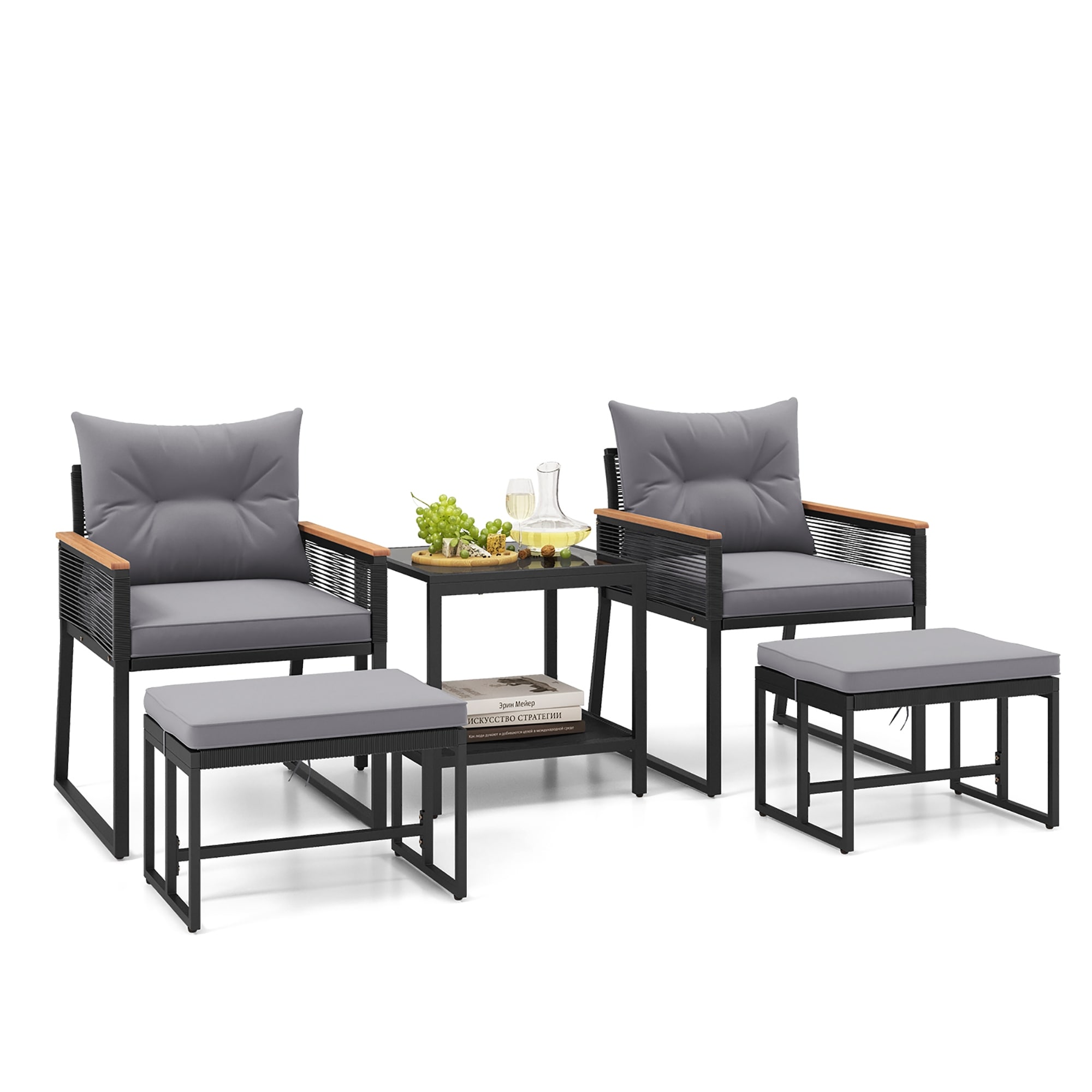 Gymax 5 Piece Patio Conversation Set PE Rattan Wicker Chairs w/ 2