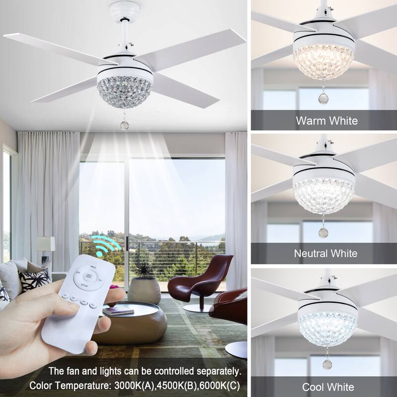 Bella Depot 52" Modern Crystal Ceiling Fan with LED Light, Reversible Ceiling Fan with Remote Control