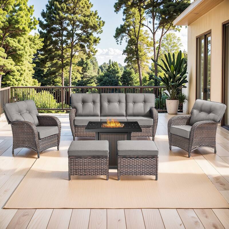 Pocassy Outdoor 30 In Fire Table with Sofa Patio Chair Set - Brown Wicker Gray Cushion - 8-Piece Sofa Patio Chair Ottoman with Fire Table