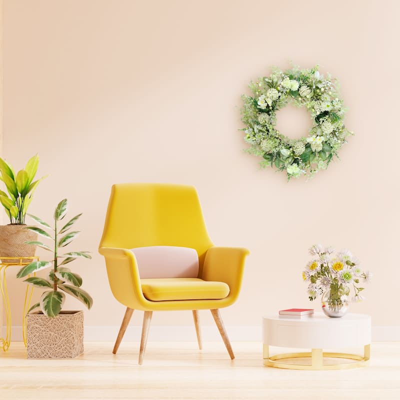 Echinops and Daisy Artificial Spring Floral Wreath - 26" - Green and White