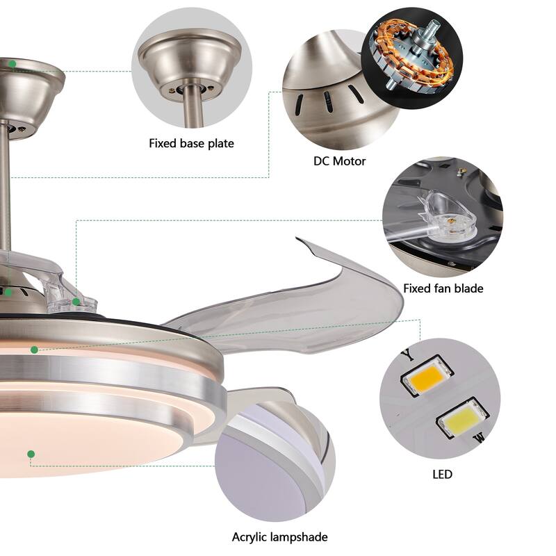 42 Inch 3 Tiers Design Chandelier Ceiling Fan with Light, Retractable Ceiling Fan 6-Speed Quiet DC Motor Fan - 42 Inch