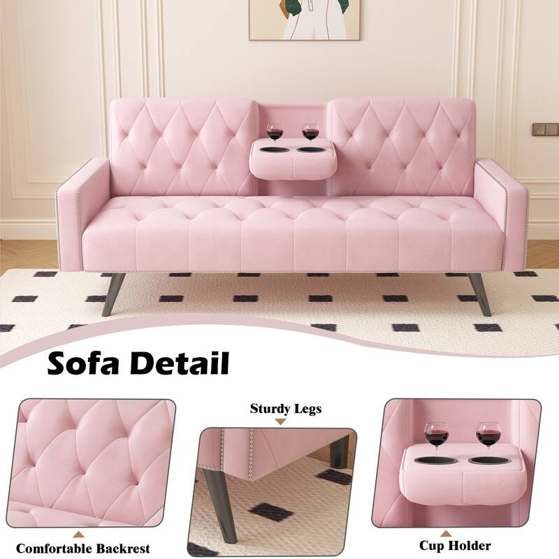 72 inch Velvet Sofa Bed With Two Cup Holders