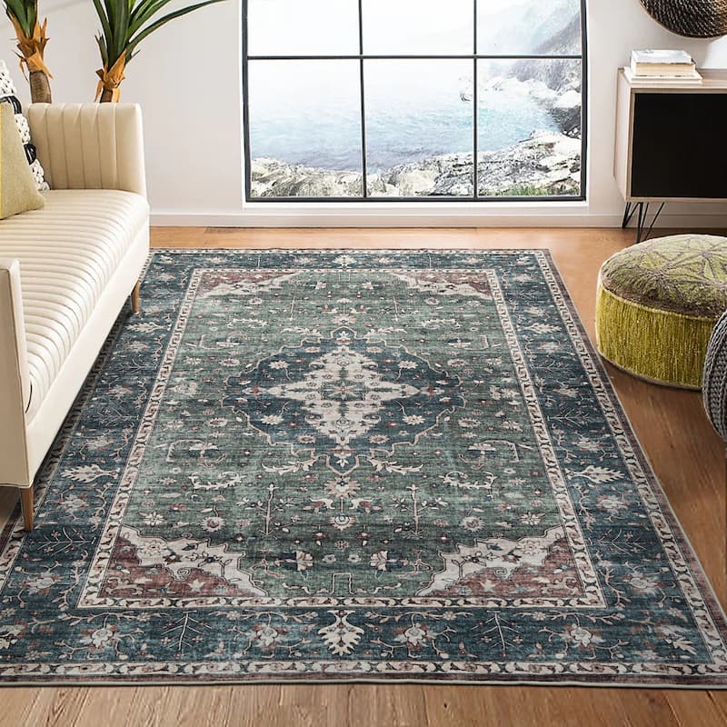 Glitzhome Machine Washable Boho Floral Medallion Area Rugs 5' x 8'