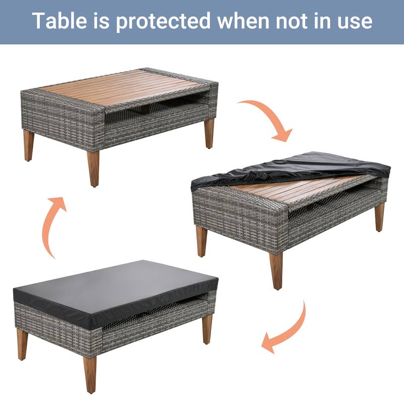 All-Weather PE Wicker Sofa Set with Double Cushions & Wood Legs, 6-Piece Outdoor Rattan Sectional