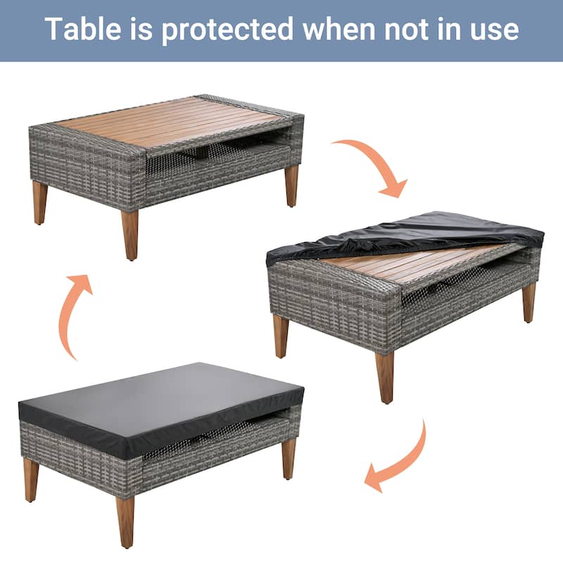 Roomfitters 6-Piece Outdoor Patio Furniture Set with Wicker Sofa, Armchairs, Ottomans and Coffee Table, Wood Legs, Gray+Beige