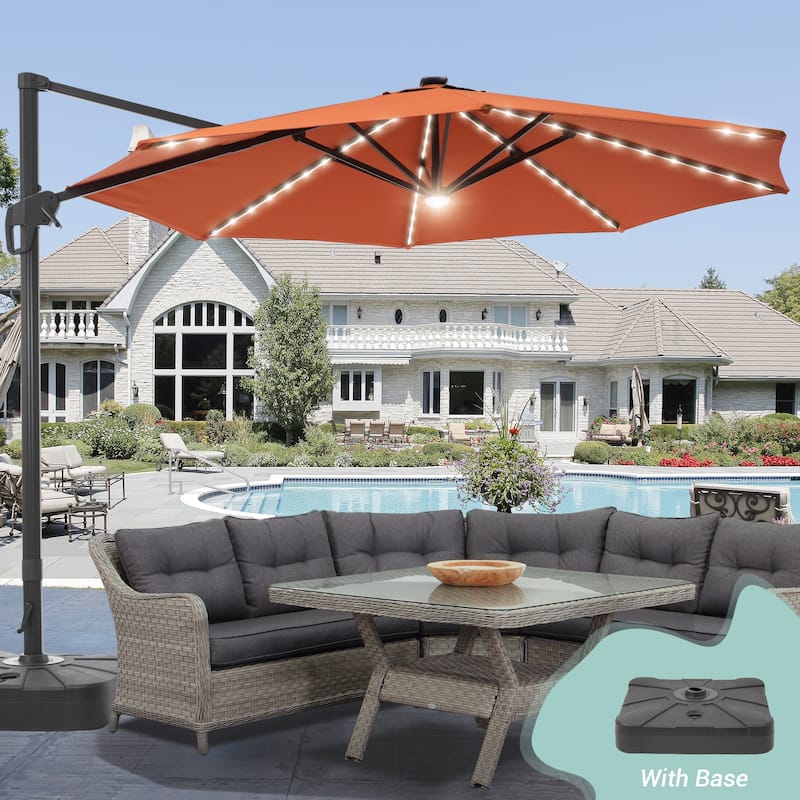 LIVOOSUN 11Ft Aluminum LED Patio Cantilever Offset Umbrella With Base - Red