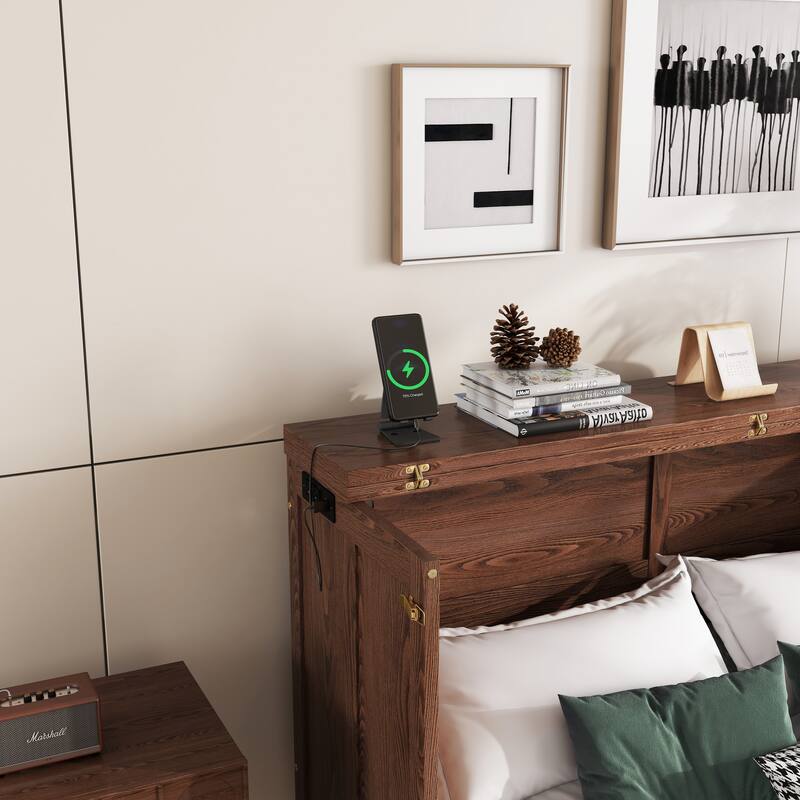 Murphy Bed Cabinet Queen with Storage Drawer and Charging Station, USB Port, Solid Pine Murphy Bedframe for Home Office