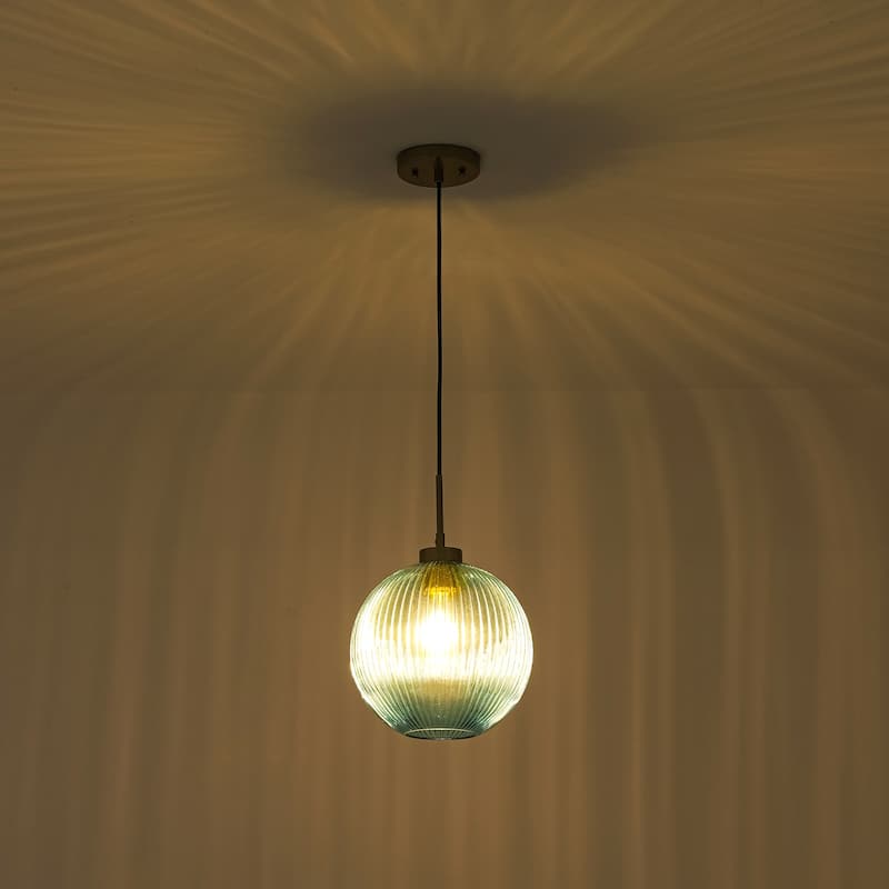 1-Light 9.8" W Mid-century Modern Metal Hanging Pendant Light with Blue Ribbed Glass Globe Shade for Kitchen Island, Dining Room