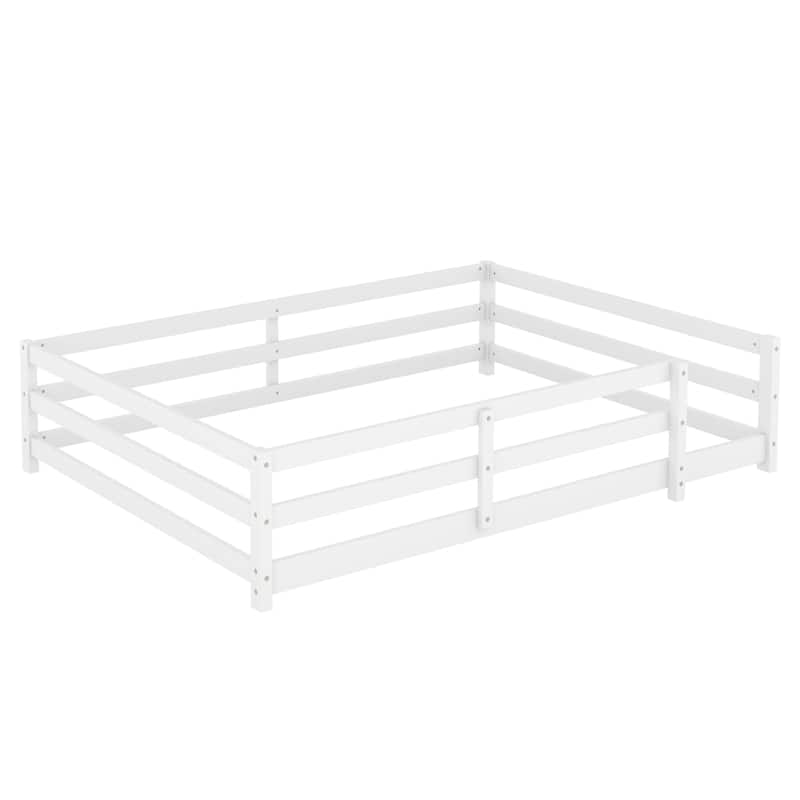 Full Size Wood Montessori Floor Bed w/ Fence for Kids, Girls, Boys -White, Easy Assemble