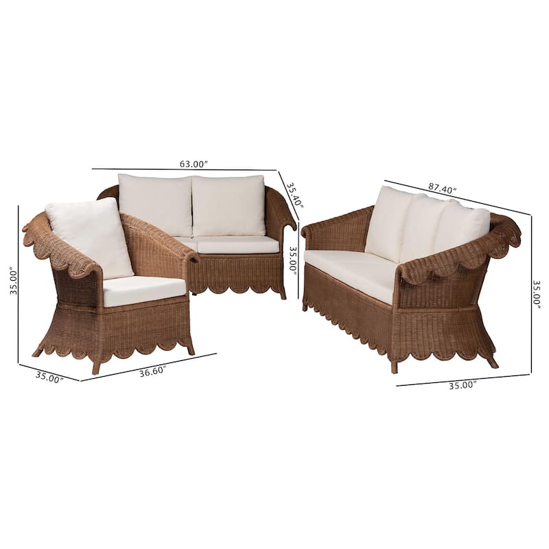 Detta Natural Rattan 3-Piece Living Room Set - Handwoven Wicker Lounge Seating with Scalloped Skirt Base and Rolled Arms